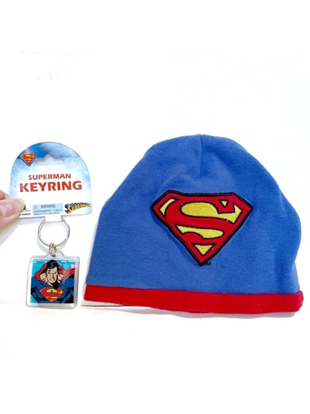 DC Comics Superman Baby Infant Hat Cap Toque and Keychain Keyring Blue Red Hero